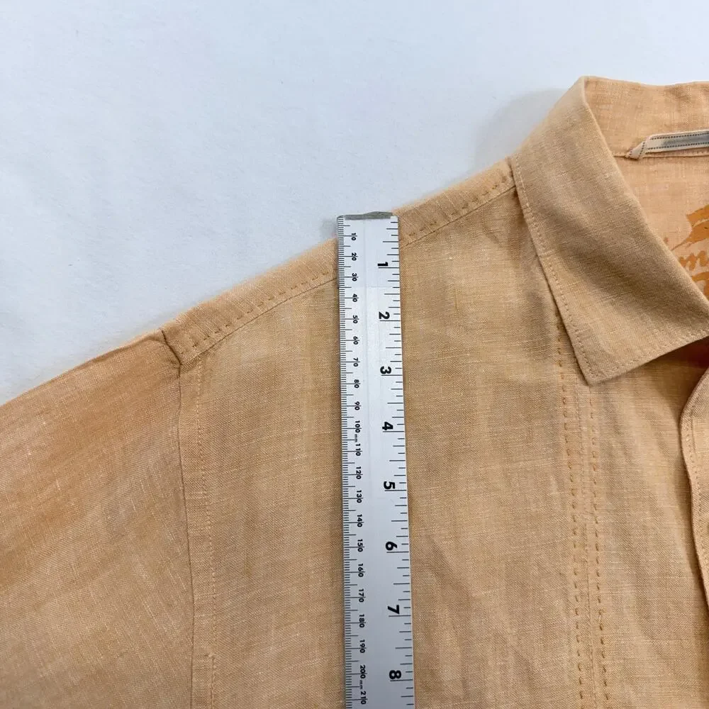 Tommy Bahama Mens Medium 100% Linen Camp Shirt Peach Embroidered Short Sleeve